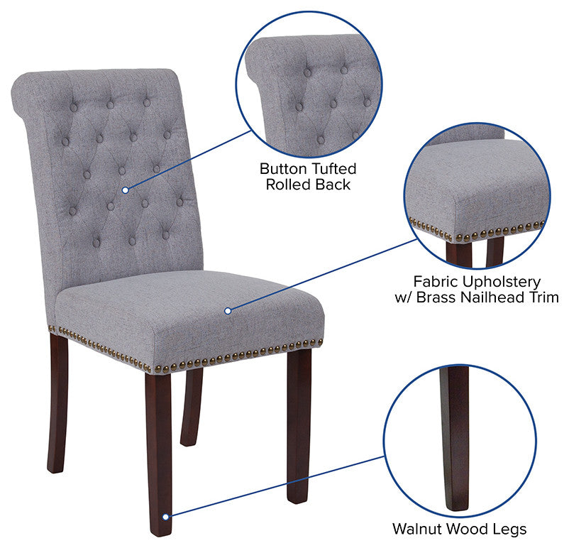 Light Gray Fabric Parsons Chair With Nail Head Trim and Walnut Finish