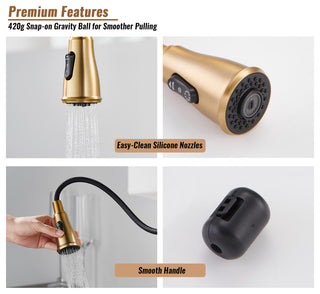 Single Handle Kitchen Faucet Pull-Down Sprayer, 360 Swivel, Three Functions, Brushed Gold