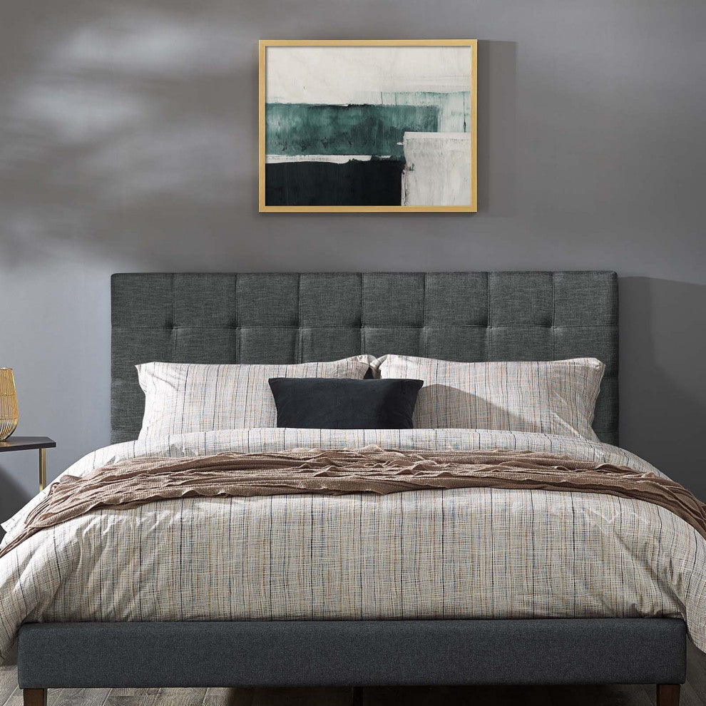 Contemporary Modern Full and Queen Size Tufted Headboard, Fabric, Grey Gray