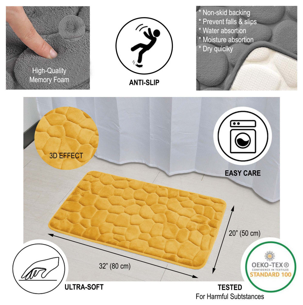 Bath Rug Memory Foam Mat 3D Pebble 32"x20", Yellow Mustard, Bath Mat