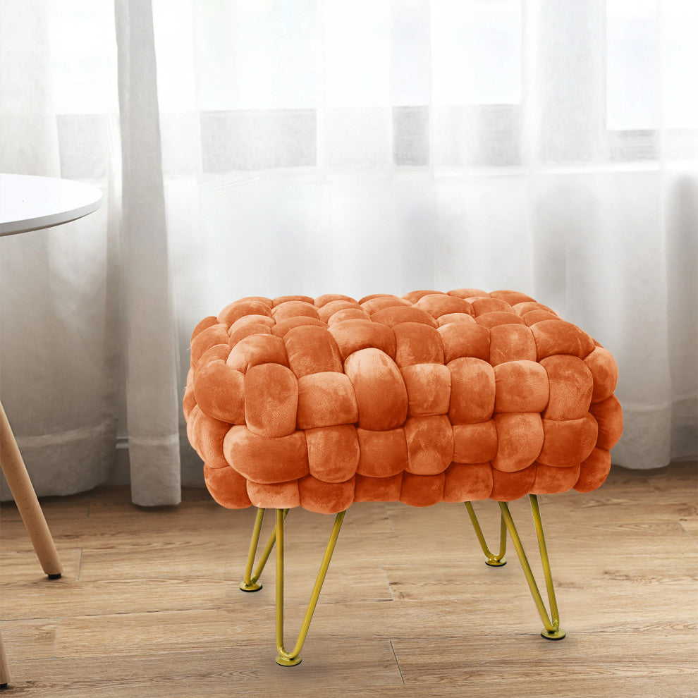 Velvet Pouf Stool Ottoman, Burnt Orange, 27''x20''x20''