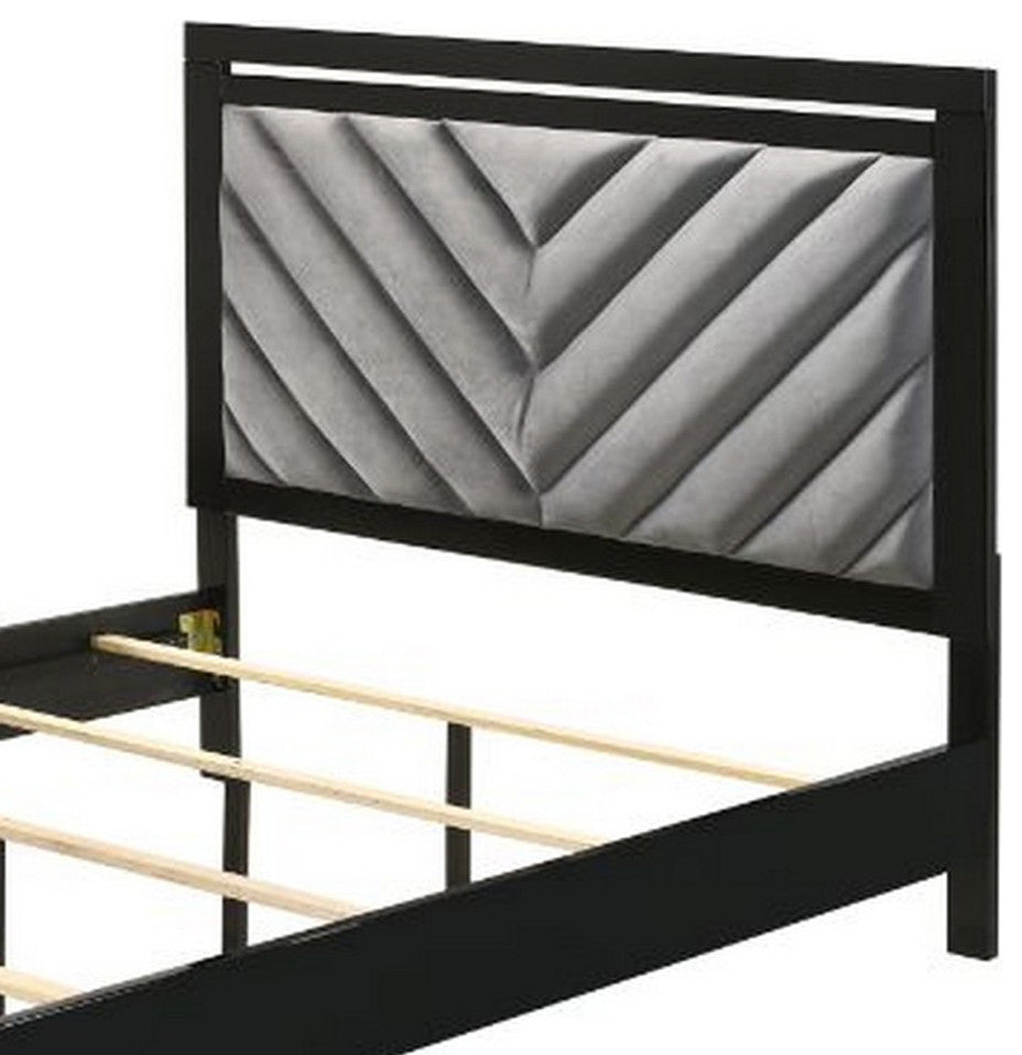 Benzara BM252724 Queen Bed With Padded Headboard and Metal Trim, Gray and Black