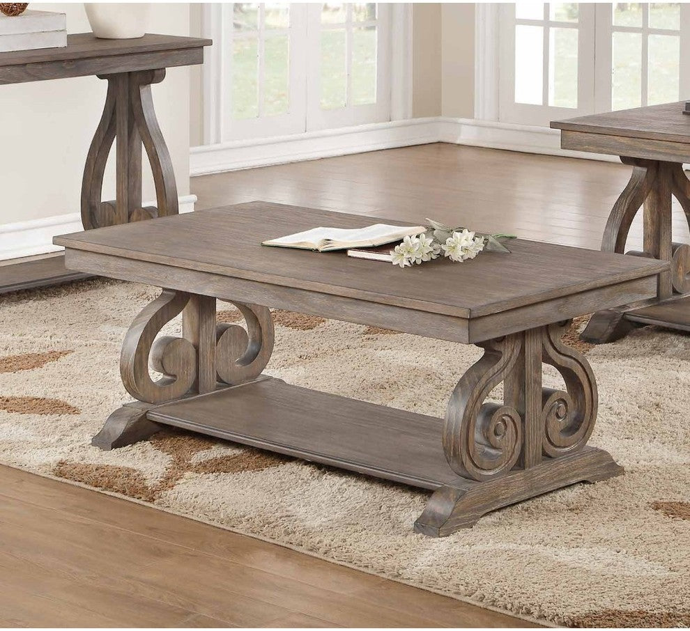 Acacia Veneer Cocktail Table With Bold Curves, Brown