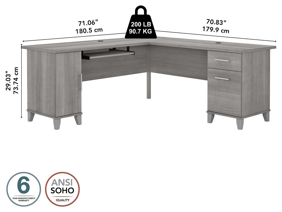 Somerset 72W L Shaped Desk with Storage, Platinum Gray
