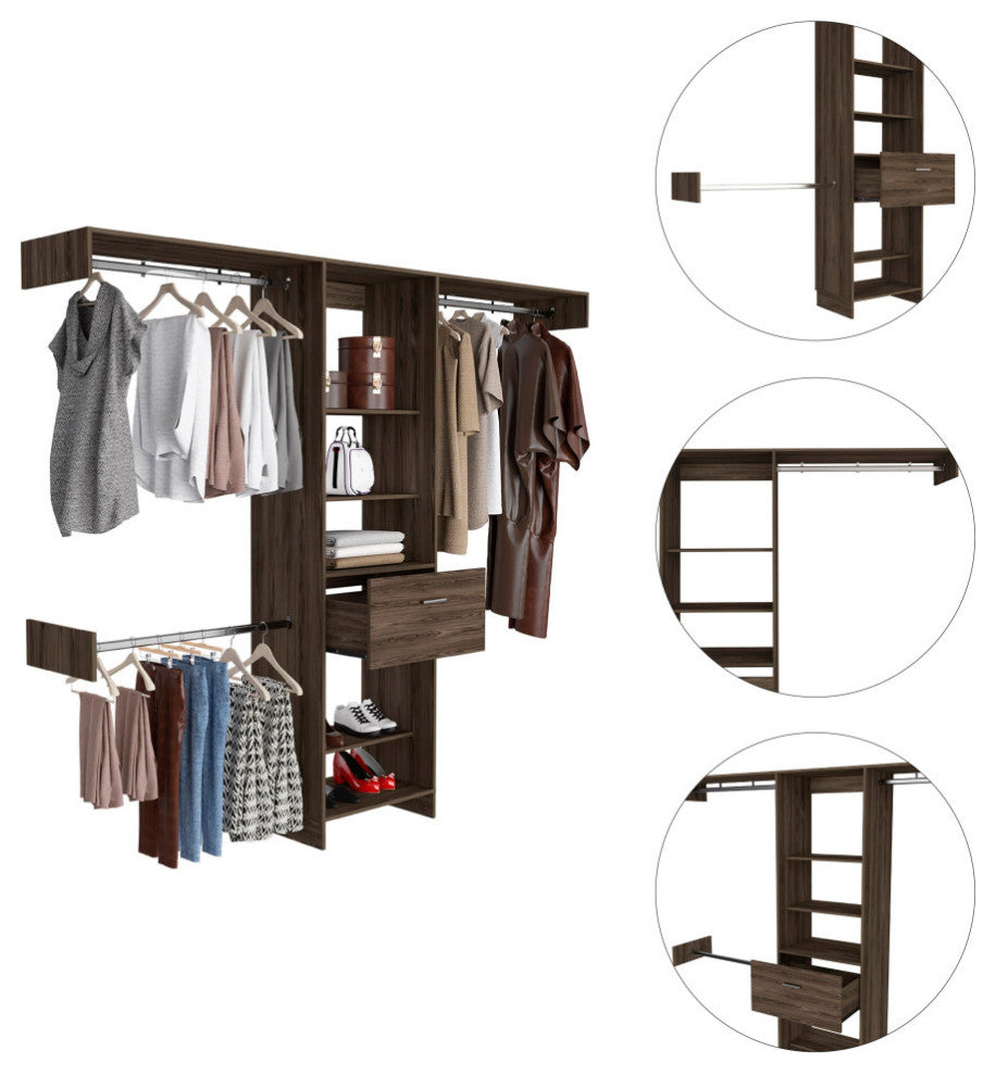 Cross 250 Closet System with Drawer, 3 Metal Rod, and 5 Open Shelves, Dark Waln