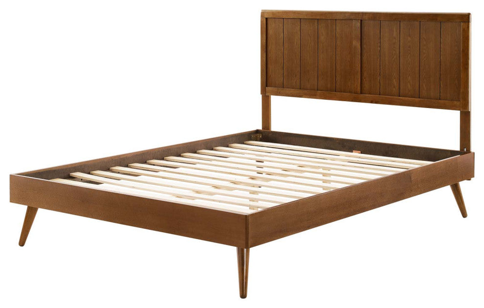 Platform Bed Frame, Queen Size, Wood, Brown Walnut, Modern Mid-Century, Bedroom