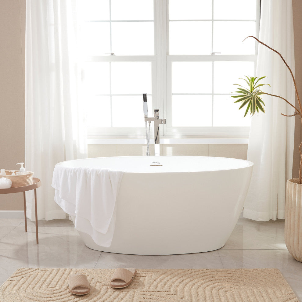 Vanity Art 55"x32" Acrylic Freestanding Soaking Bathtub, White/Integrated Overflow