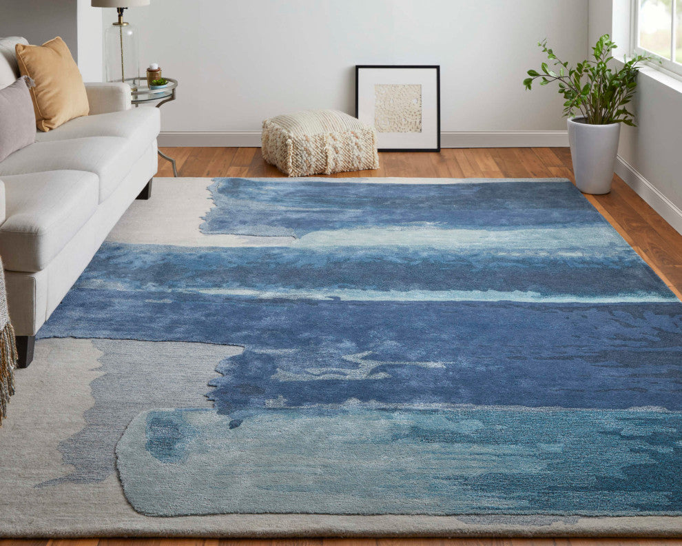 Ramiro R8921 Transitional/Industrial/Casual Rug, Blue/Ivory, 10'x14'