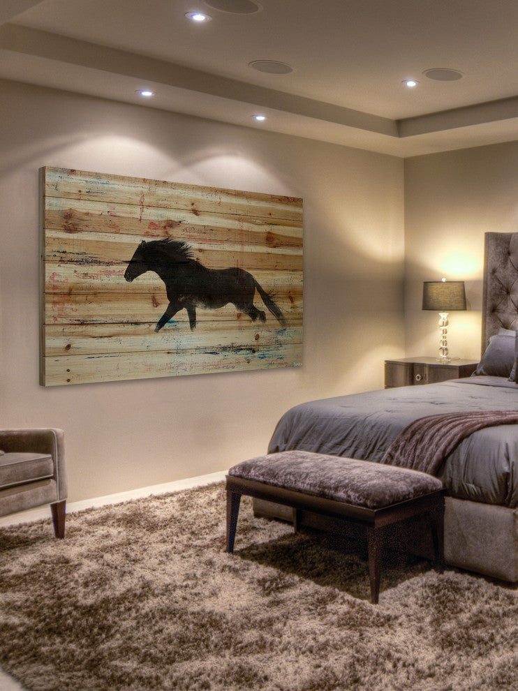 "Black Horse Stride" Painting Print on Natural Pine Wood, 36"x24"