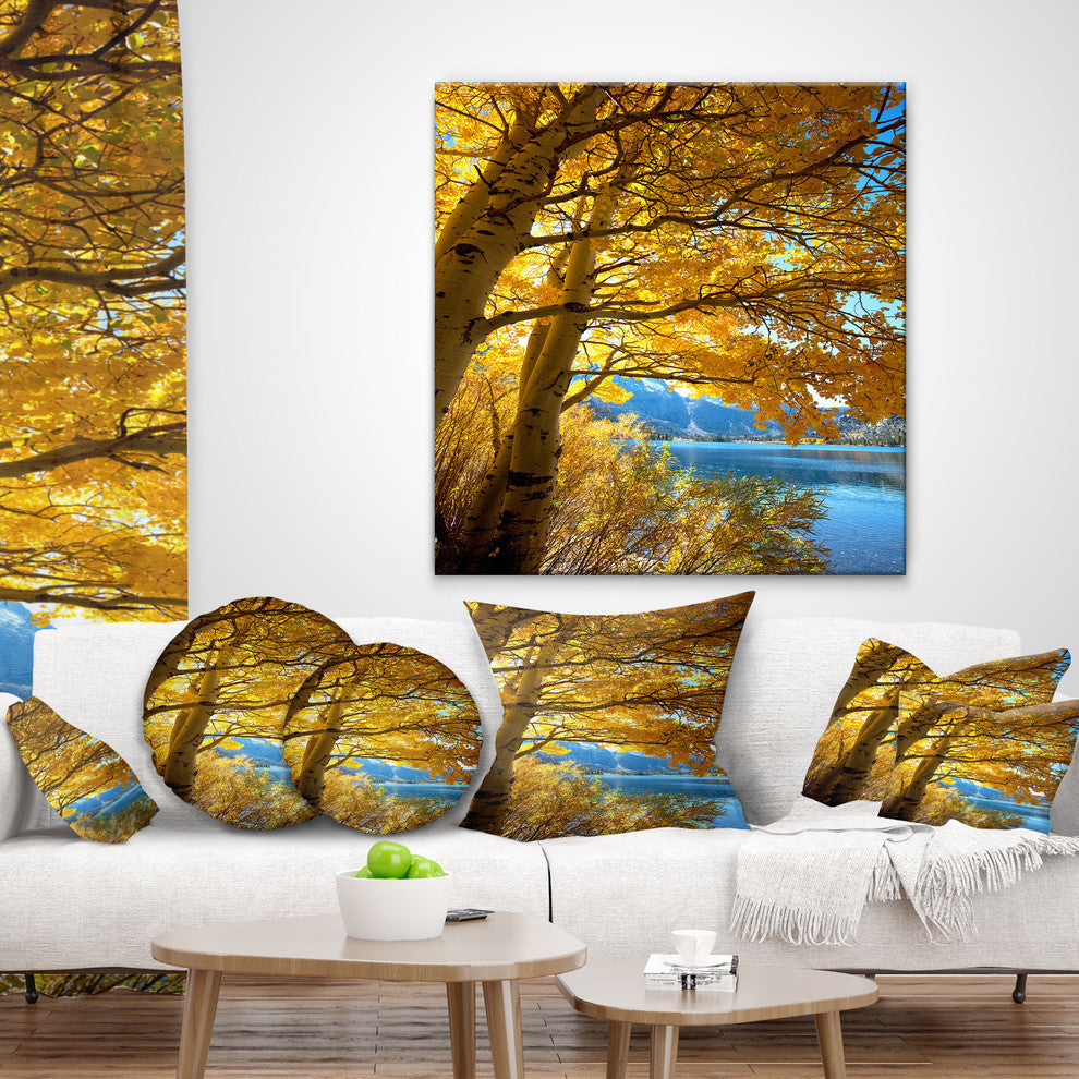 Bright Yellow Autumn Tree Landscape Printed Throw Pillow, 16"x16"