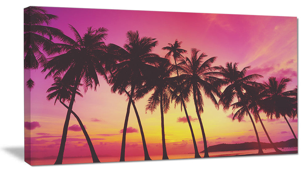 "Row of Beautiful Palms Under Magenta Sky" Wall Art Landscape, 1 Panel, 60"x28"
