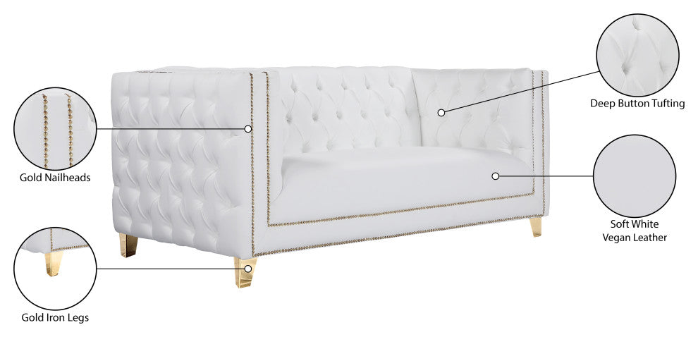 Michelle Fabric Upholstered Chair, Gold Iron Legs, White, Vegan Leather, Loveseat
