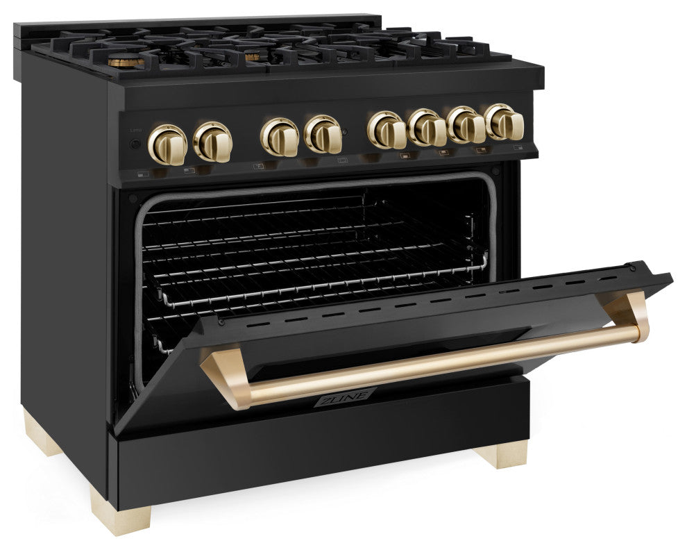 ZLINE 36" Dual Fuel Range, Black Stainless Steel With Gold Accents RABZ-36-G