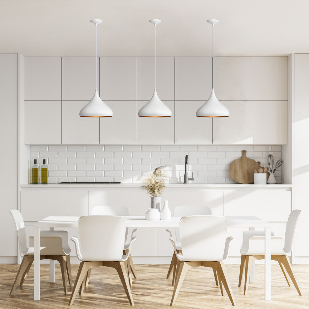 1-Light 12 in. White Single Pendant With Teardrop Metal Shade