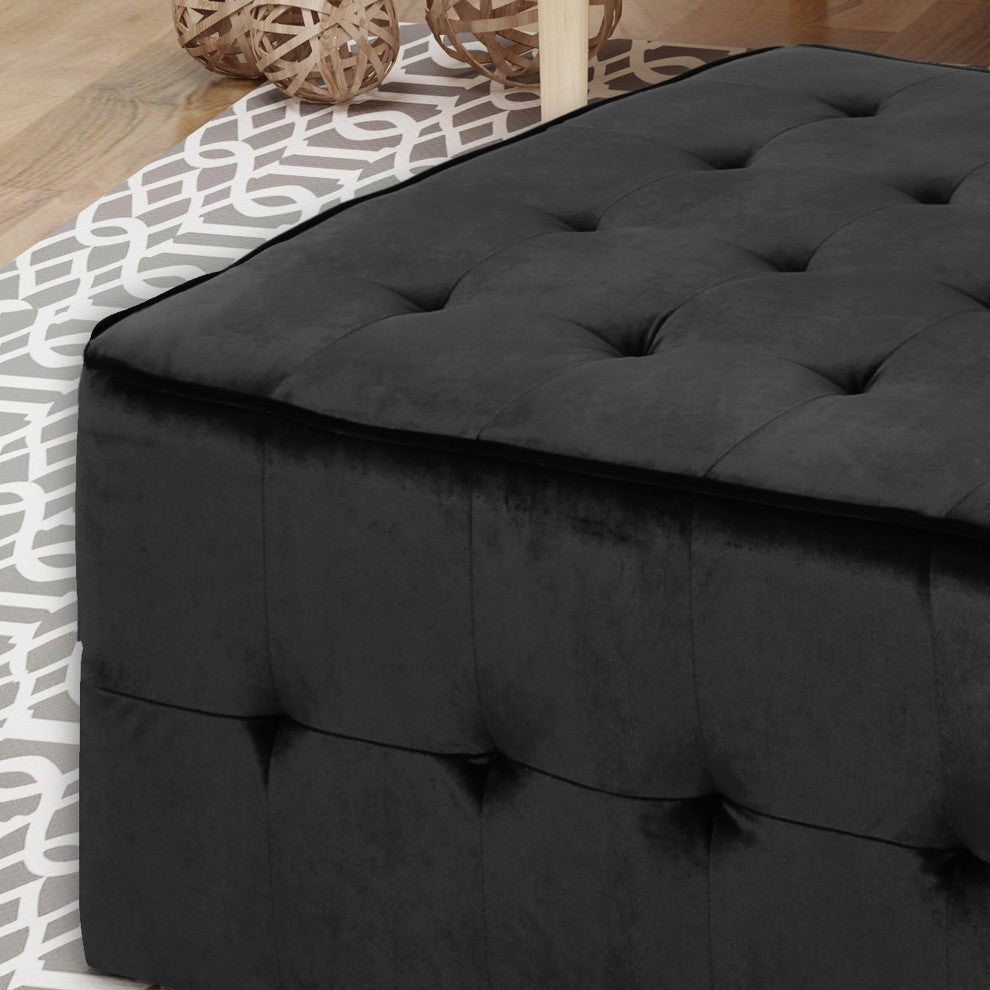 GDF Studio Justin Glam Tufted Velvet Ottoman, Black