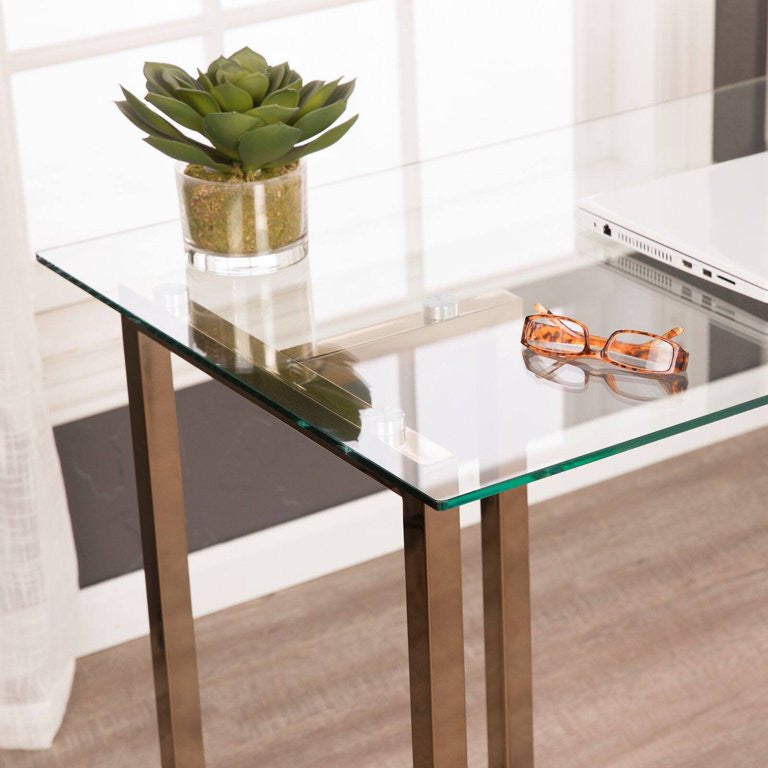 Contemporary Desk, Champagne Finished Metal Base With Clear Tempered Glass Top