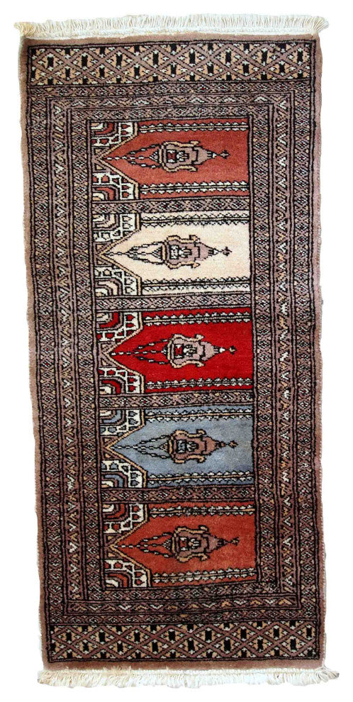 Handmade vintage Uzbek Bukhara prayer rug 1.5' x 3.3' (45cm x 101cm) 1970s