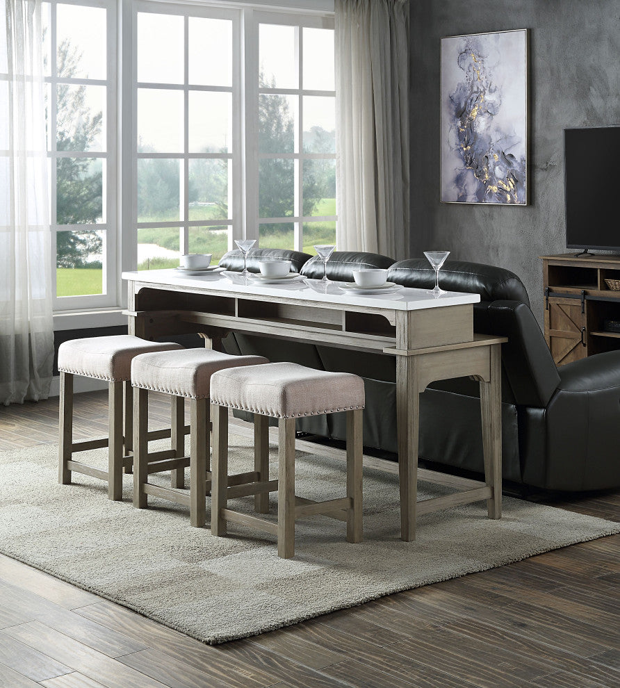 ACME Wandella 4-Piece Set Counter Height Set With USB, Marble/Rustic Oak