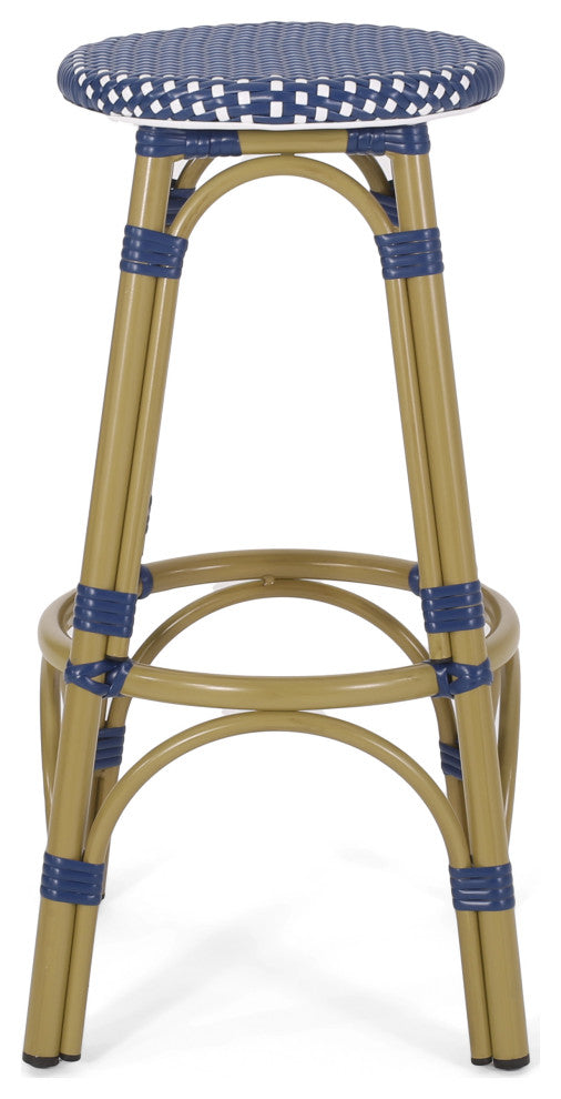 Dohney Outdoor French Aluminum 29.5" Barstools, Set of 2, Navy Blue/White/Bamboo Finish