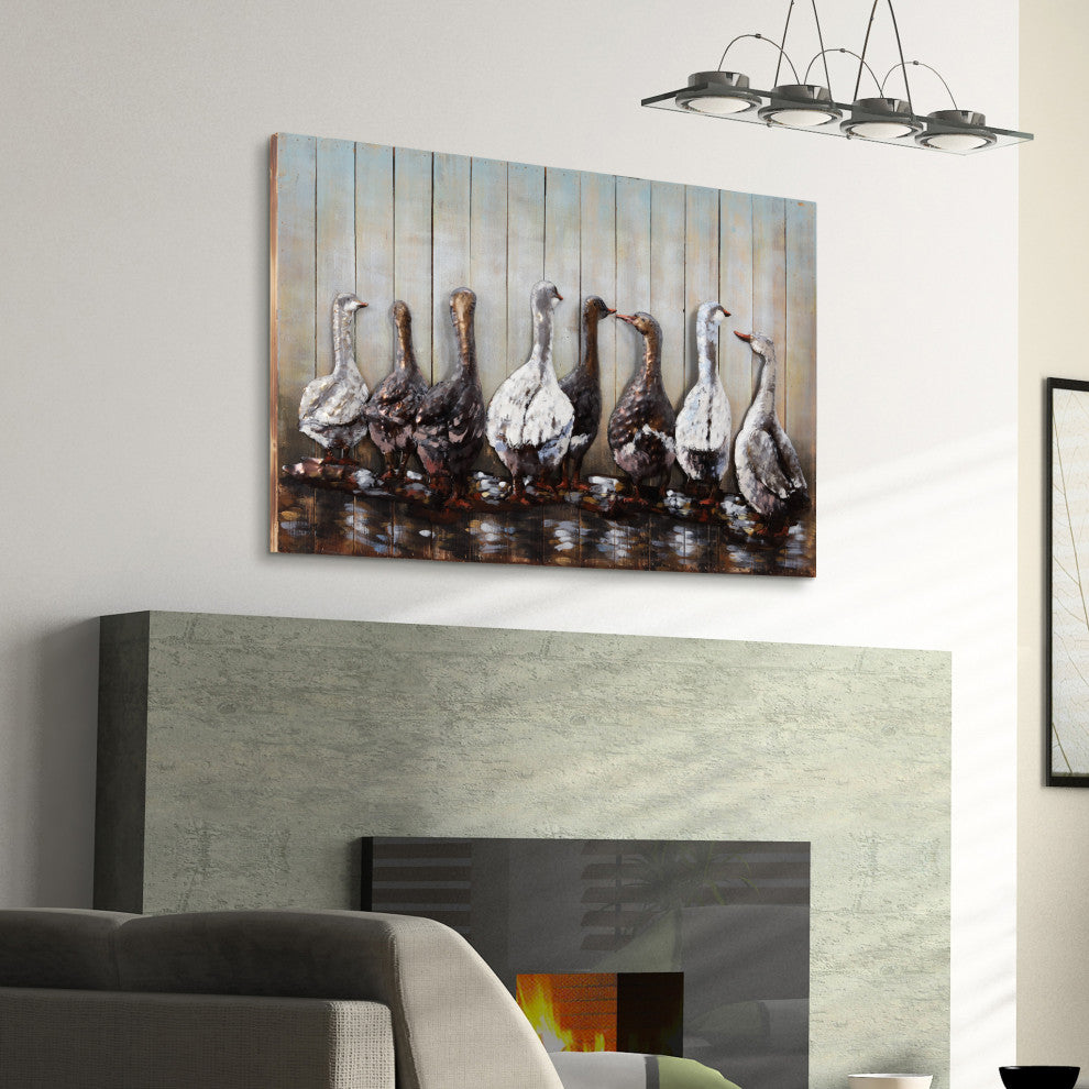 "Ducks" Handed Painted Iron Wall Sculpture on Wooden Wall Art