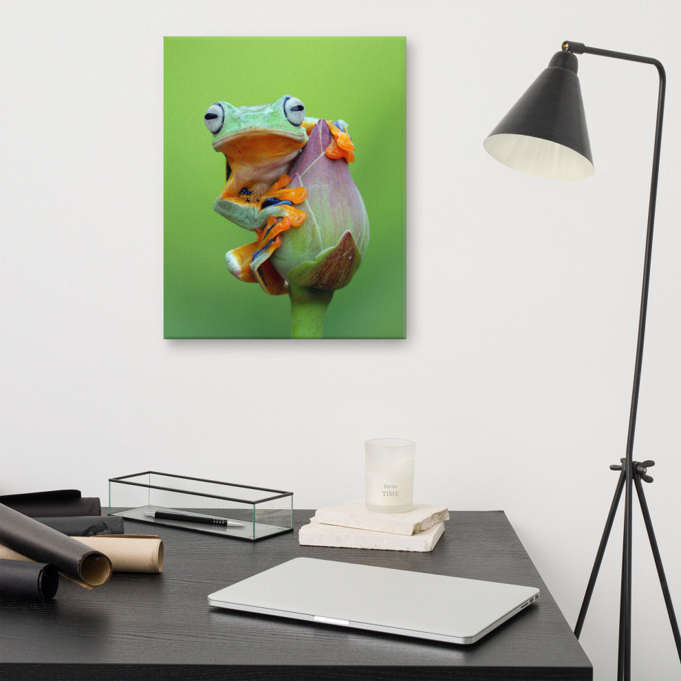 Tiny Green Tree Frog on Lotus Bloom Wildlife Floral Photo Canvas Wall Art Prints, 16" X 20"