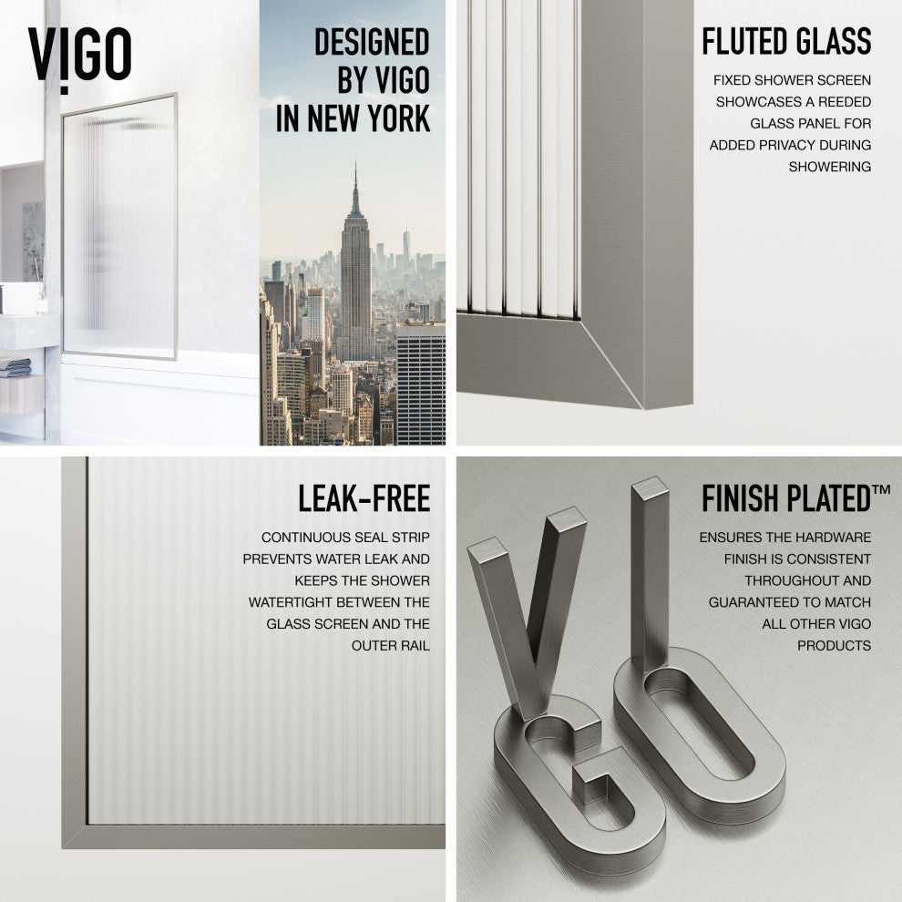 VIGO Meridian Framed Fixed, Stainless Steel, Tub Screen, 34" W X 62" H, Fluted Glass