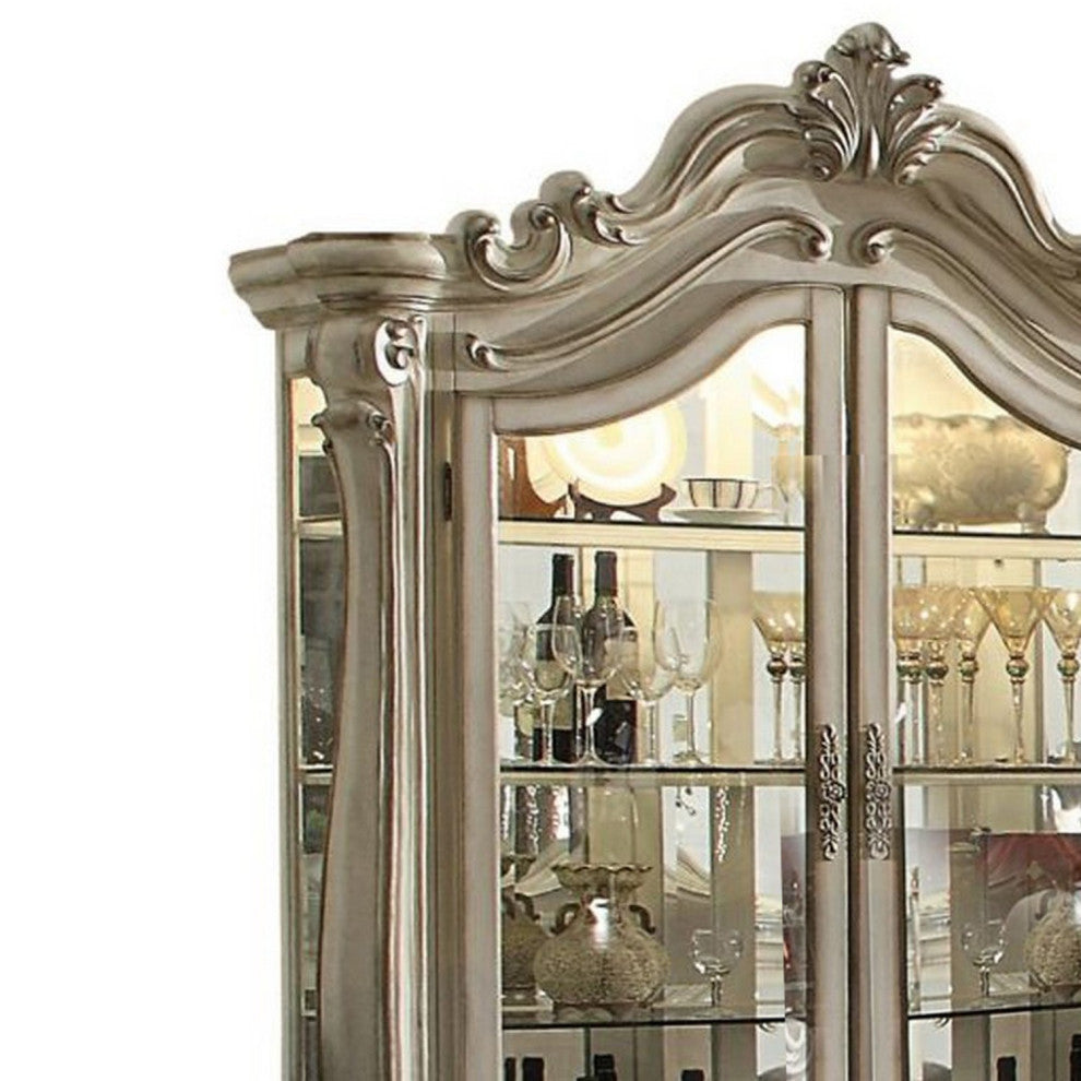 Benzara BM261794 Curio Cabinet With Scrolled Motifs and Touch Light, Off white
