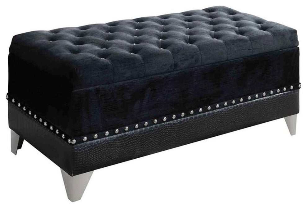 Maklaine Contemporary Velvet Tufted Trunk with Nailhead Trim in Black