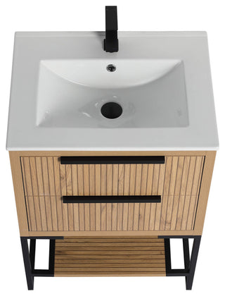 Kingsford Grooved-Look Bath Vanity, Bright Oak, White Ceramic Sink, 24", Drawers