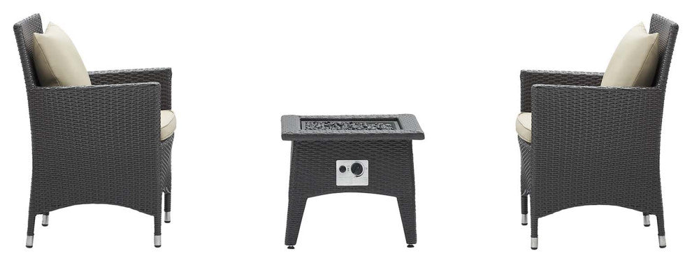 Modern Outdoor Patio Coffee Fire Pit Table and Chair Set, Fabric Rattan, Beige