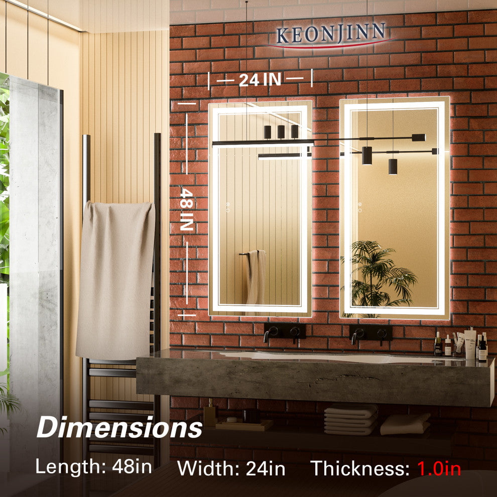 3-Colors LED Bathroom Mirror, Anti-Fog Memory Dimmable, Sliver, 48"x24"