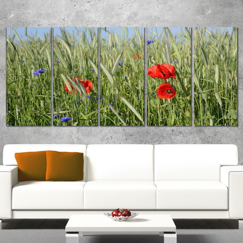 Rural Landscape with Red Poppies, Large Landscape Canvas Art, 60"x28", 5 Panels