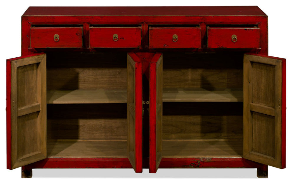 Distressed Red Elmwood Chinese Ming Sideboard