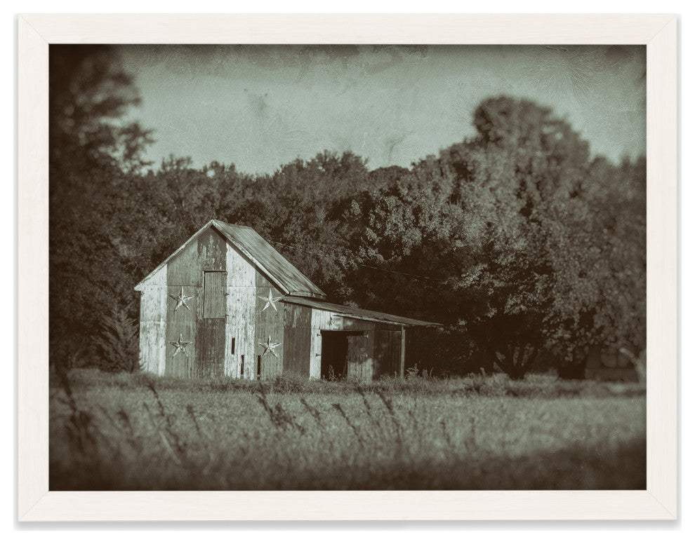 Patriotic Barn in Field Vintage Black and White Framed Photo Wall Art Print, White, 12" X 18"