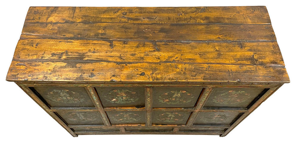 Consigned 19th Century Antique Tibetan Hand Painted Credenza Storage Cabinet