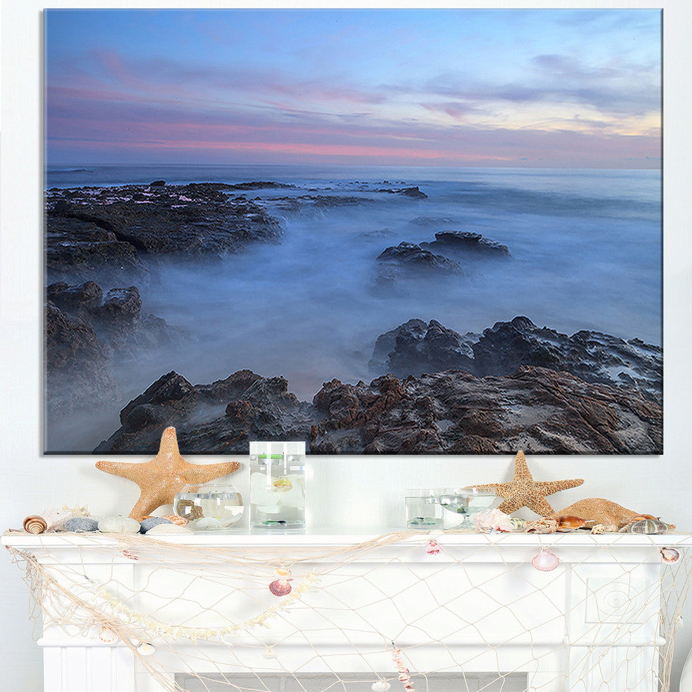 "Long Exposure At Sunset Over Rocks" Modern Beach Wall Art, 1 Panel, 60"x28"