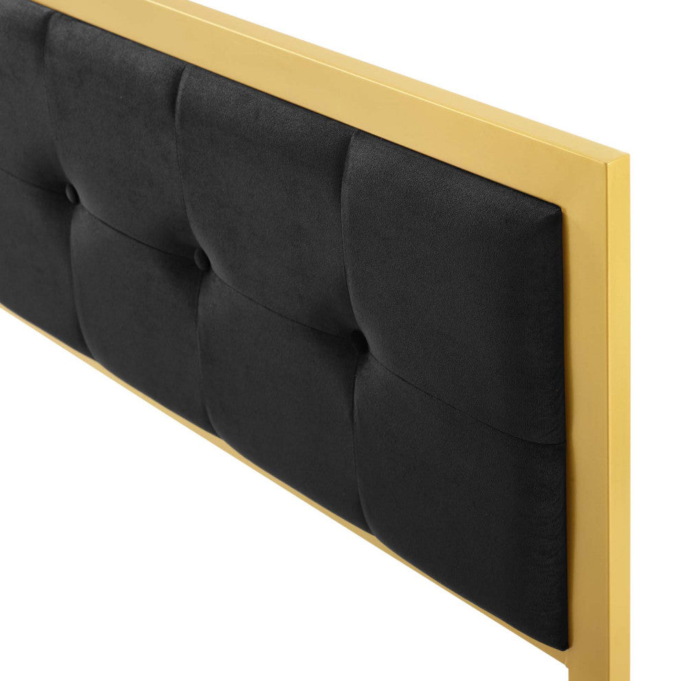 Tufted Headboard, King Size, Velvet, Metal, Gold Black, Modern Contemporary