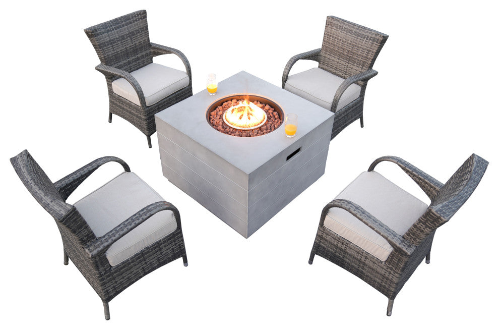 Patio Wood Coating Propane Fire Pit Table with Cushioned Chairs, Square