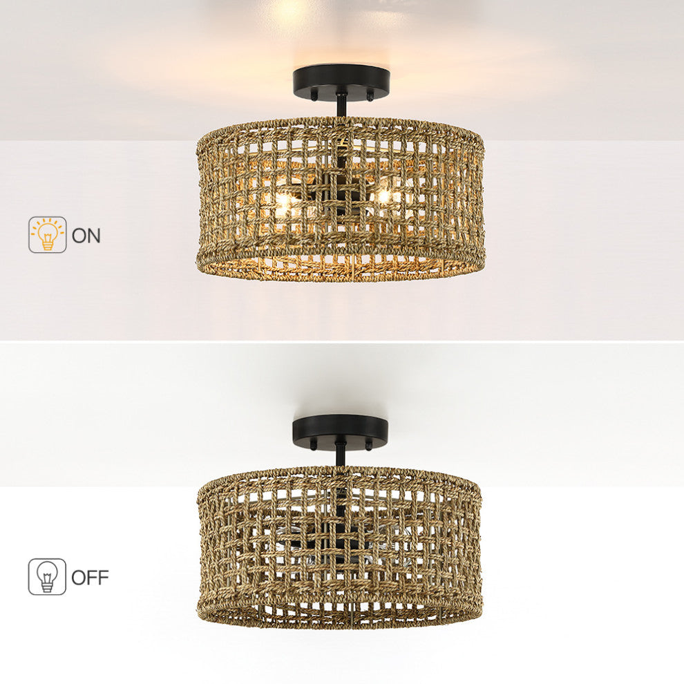 14" W 2-Light Rattan Drum Semi-Flush Mount Ceiling Light