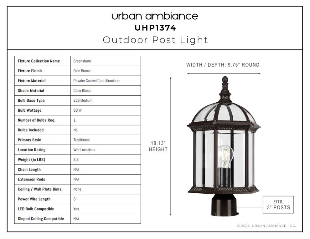Luxury Transitional Post Light, Olde Bronze