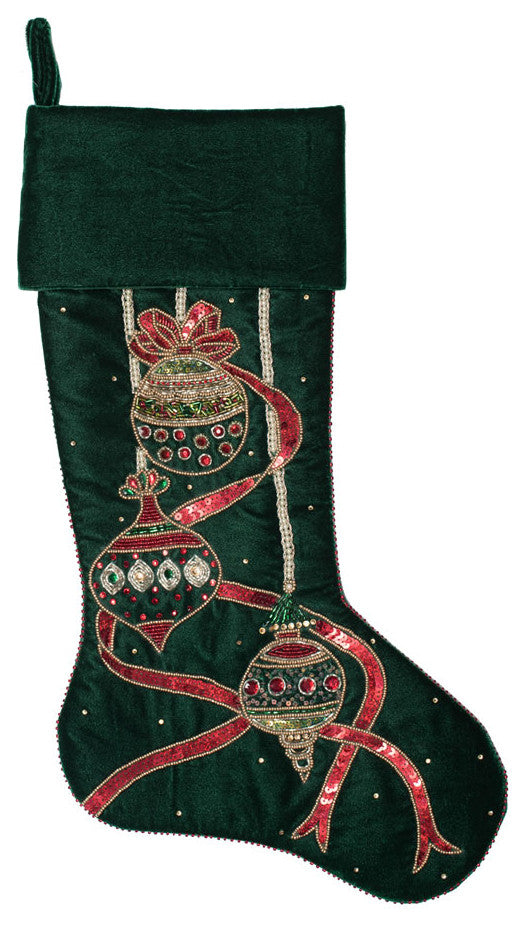 21" Green Beaded Ornamnt Velvet Stocking