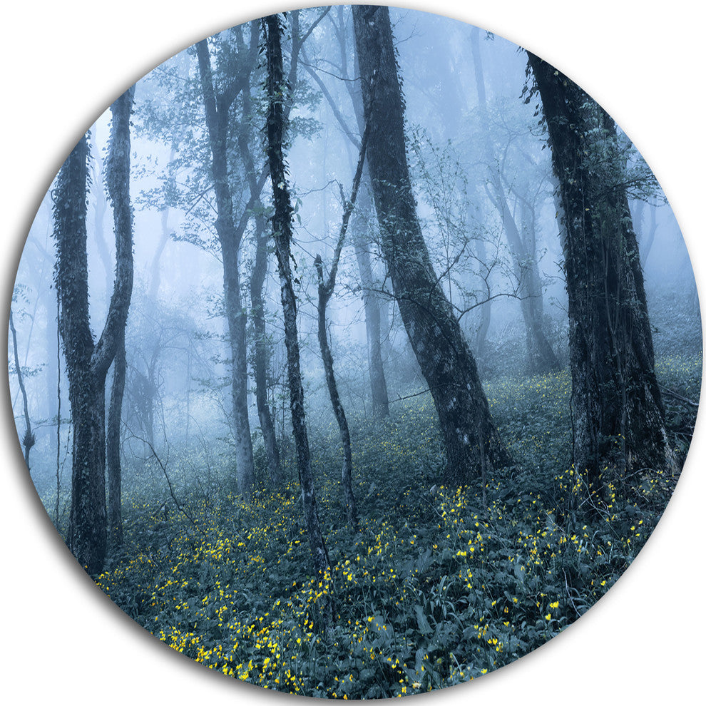 Trees In Foggy Spring Forest, Landscape Photo Disc Metal Wall Art, 11"