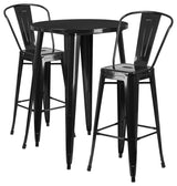 Commercial 30" Round Black Metal Indoor-Outdoor Bar Table Set, 2 Cafe Stools