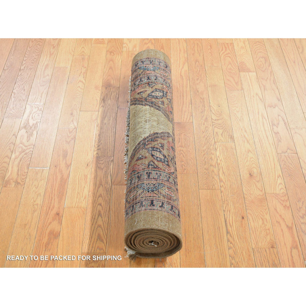 Taupe Brown, Antique Persian Pure Wool, Hand Knotted Runner Rug, 3'2"x14'10"