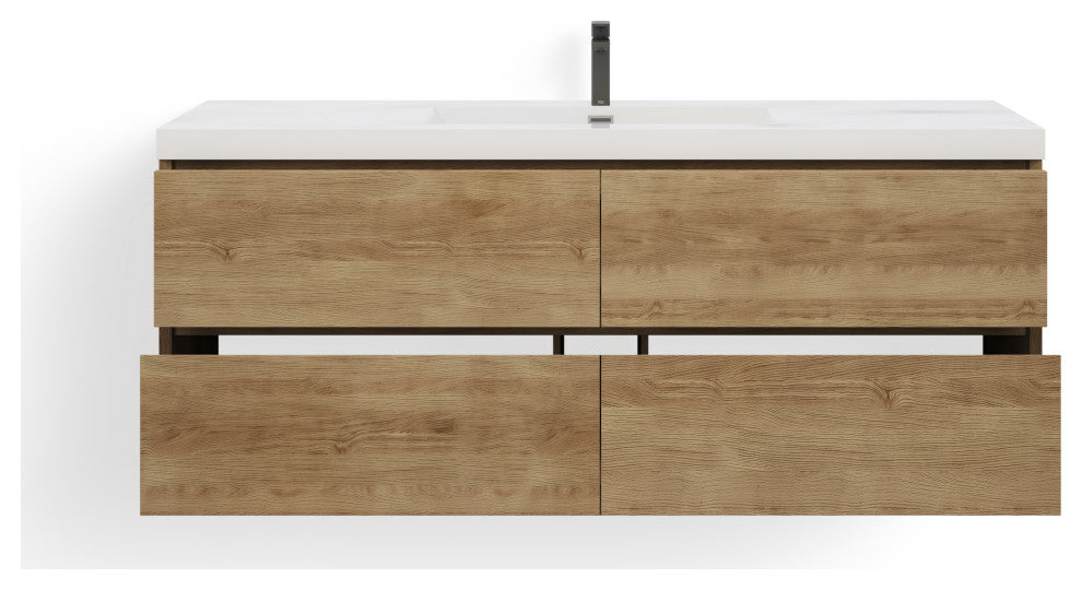 Skylar Bathroom Vanity, White Oak, 60", Single Sink, Wall Mount