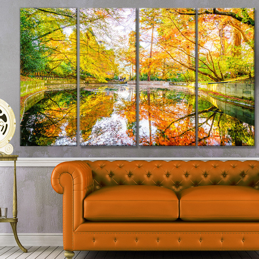 Bright Fall Forest with River, Landscape Canvas Art Print, 48"x28", 4 Panels