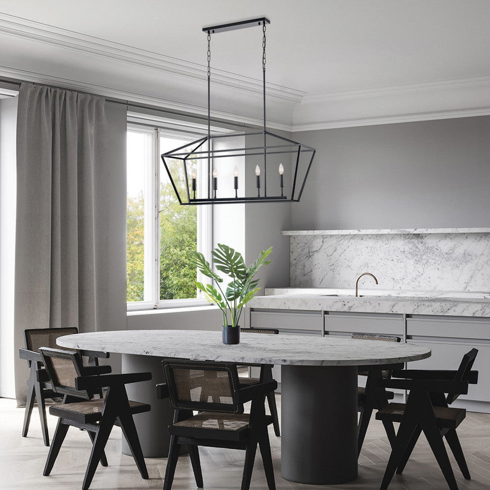 5-Light Matte Black Linear Lantern Pendant Light Cage Chandelier