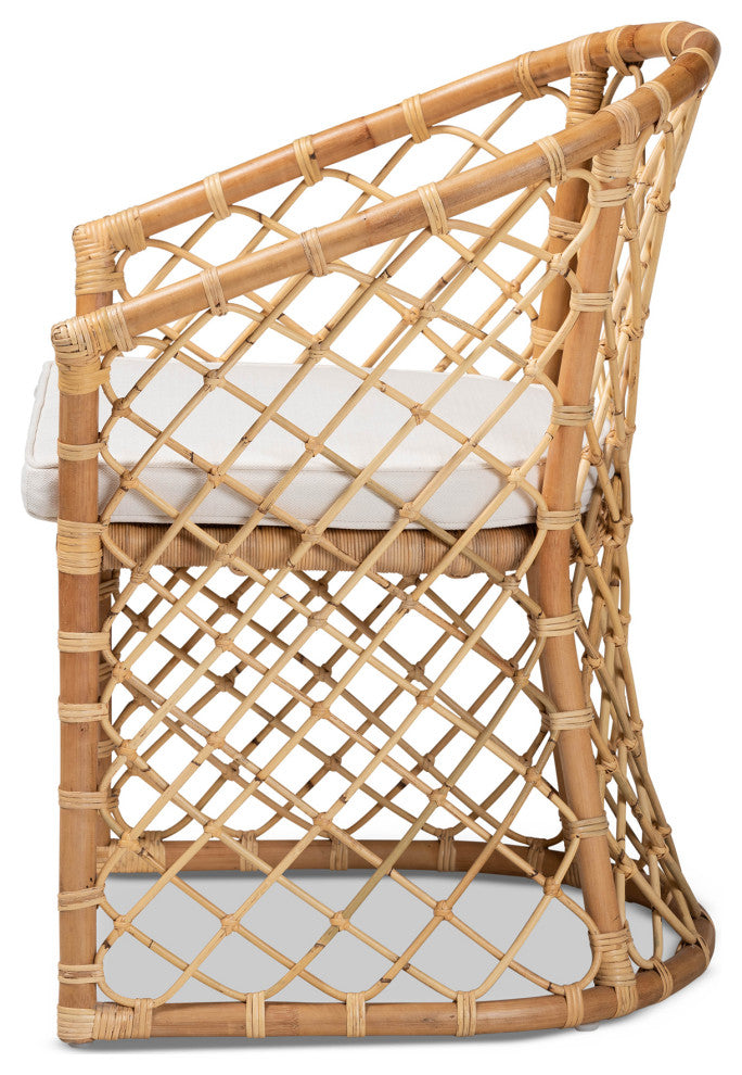 Orchard Bohemian White Fabric Upholstered and Natural Brown Rattan Dining Chair