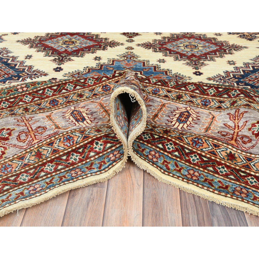 Ivory, Afghan Super Kazak Natural Wool Hand Knotted Oriental Rug, 9'3"x12'0"