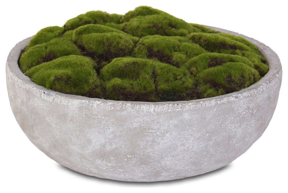 Artificial Fake Moss Arrangement, Round Stone Wash Cement Bowl